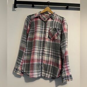 Maurice’s plaid shirt - pink, gray & white. Lightweight. Size Small.